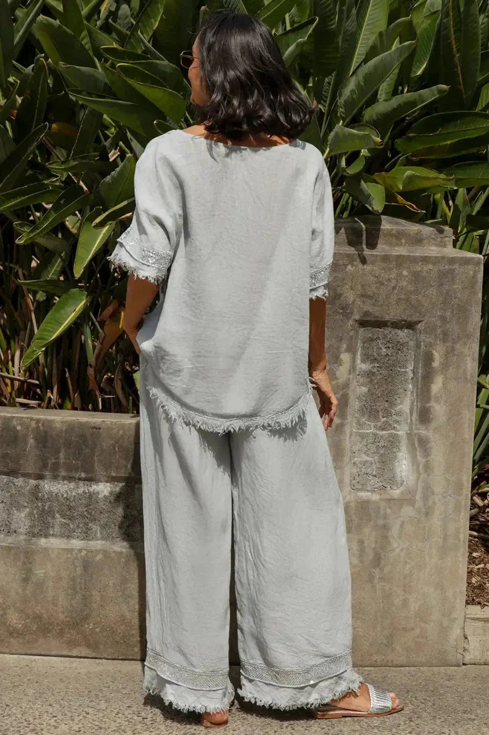 Antonia Wide Leg Linen Sequinned Pants in Light Grey