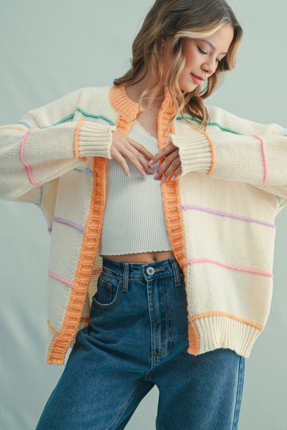 Cream Multicolor Stripe Chunky Knit Maternity Cardigan