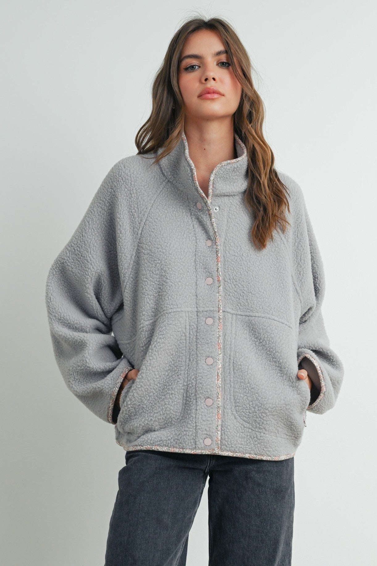 Grey Floral Trim Fleece Snap Button Maternity Jacket
