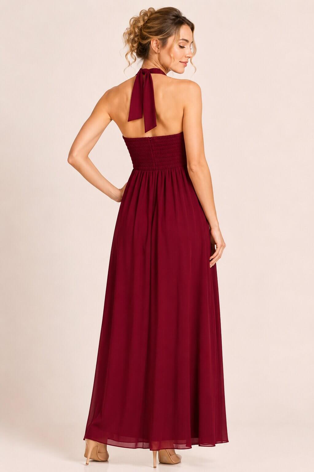 Coraline Burgundy Embellished Halterneck Evening Dress