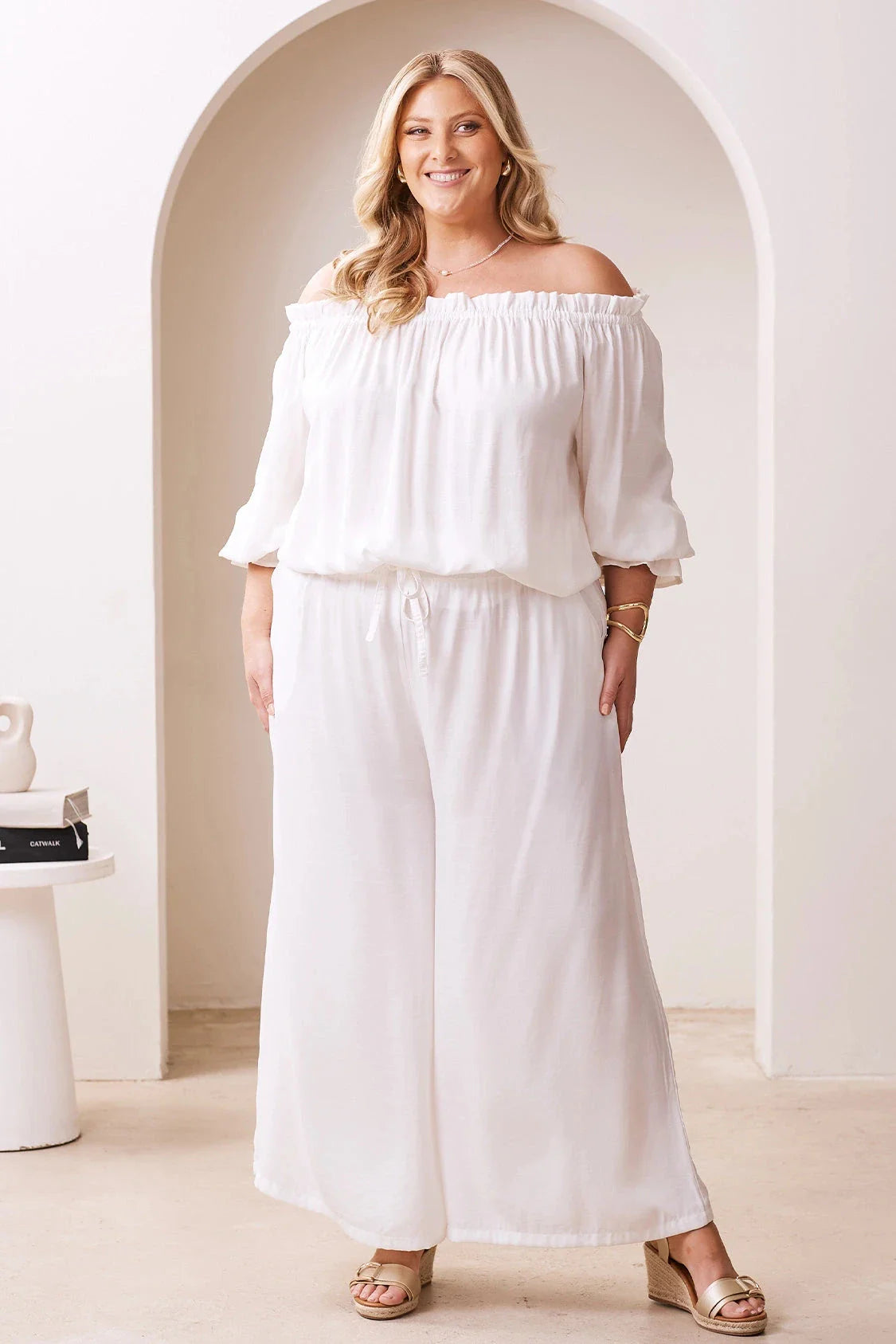 Vittoria Frill Trim Off Shoulder Long Sleeve Top Ivory
