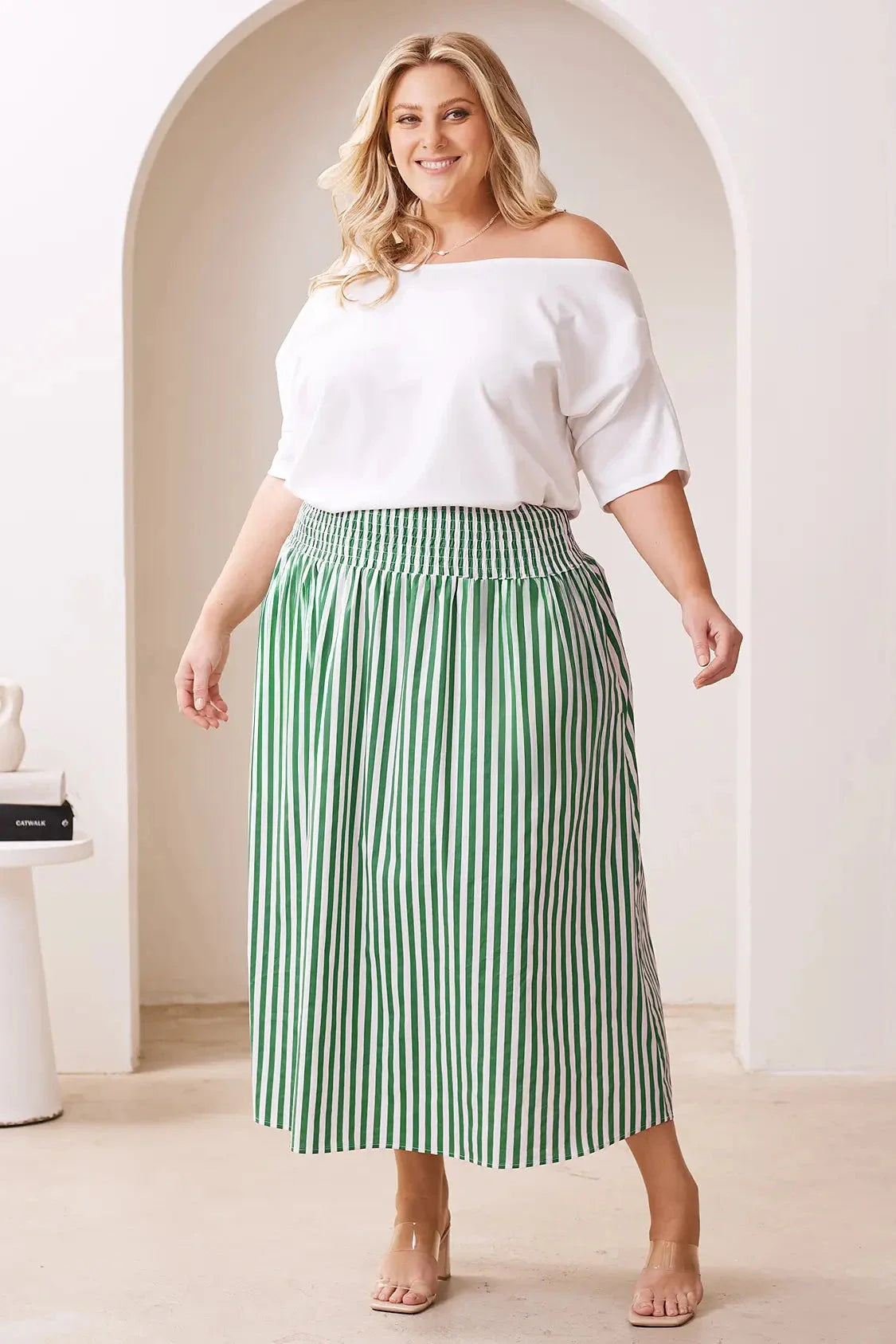 Brooke Midi A-Line Skirt Striped Emerald & White