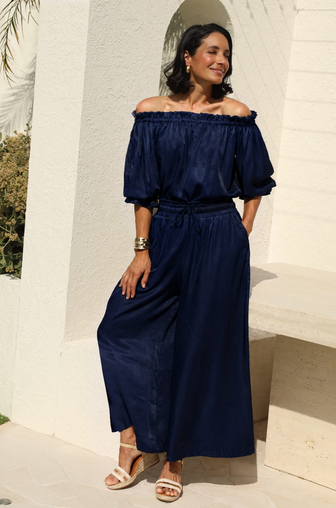 Vittoria Frill Trim Off Shoulder Long Sleeve Top Navy