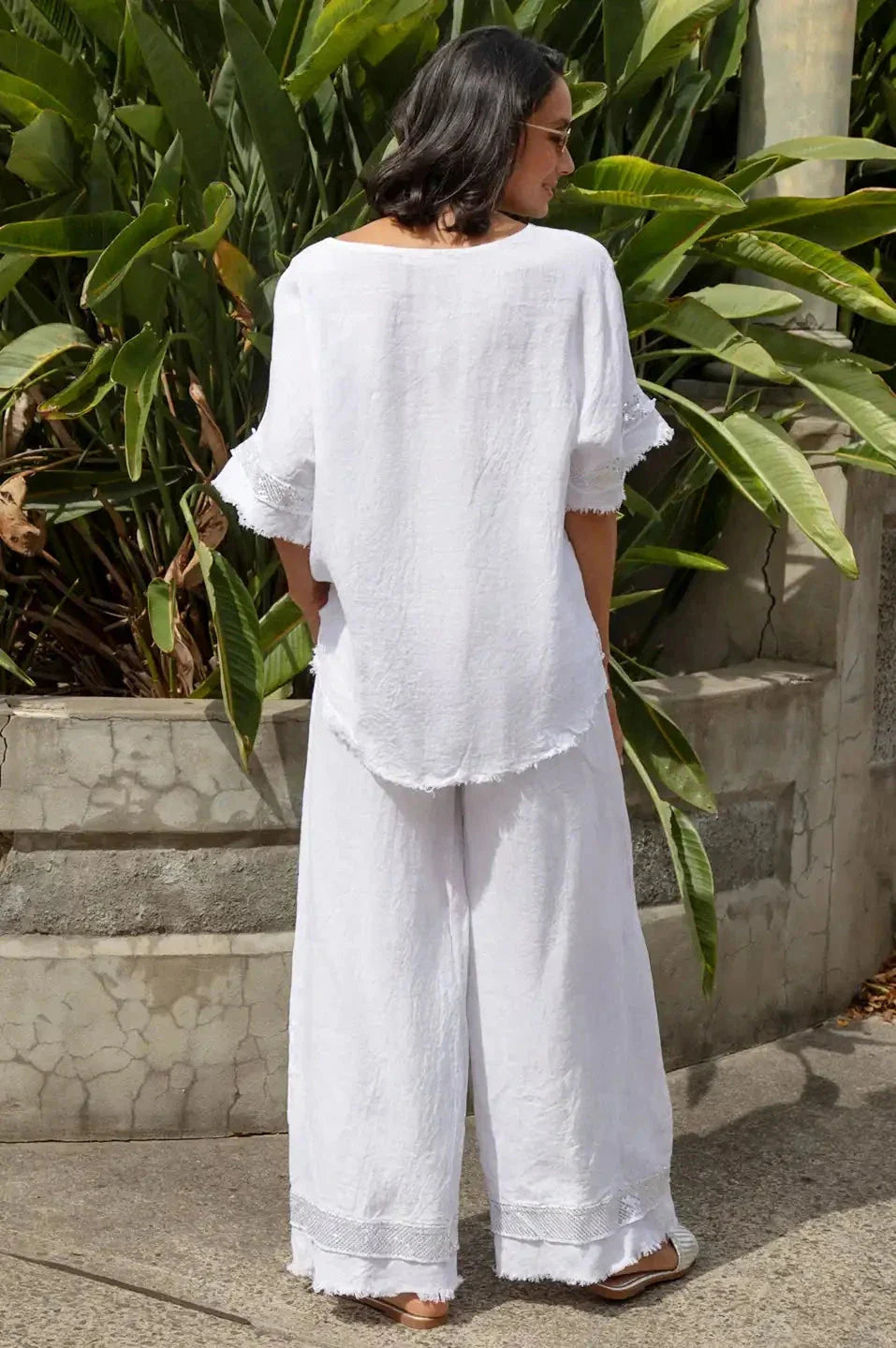 Antonia Wide Leg Linen Sequinned Pants in White