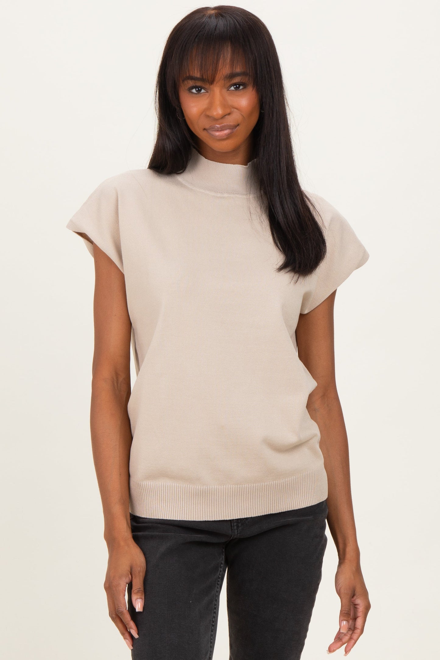 Beige Mock Neck Knit Maternity Top