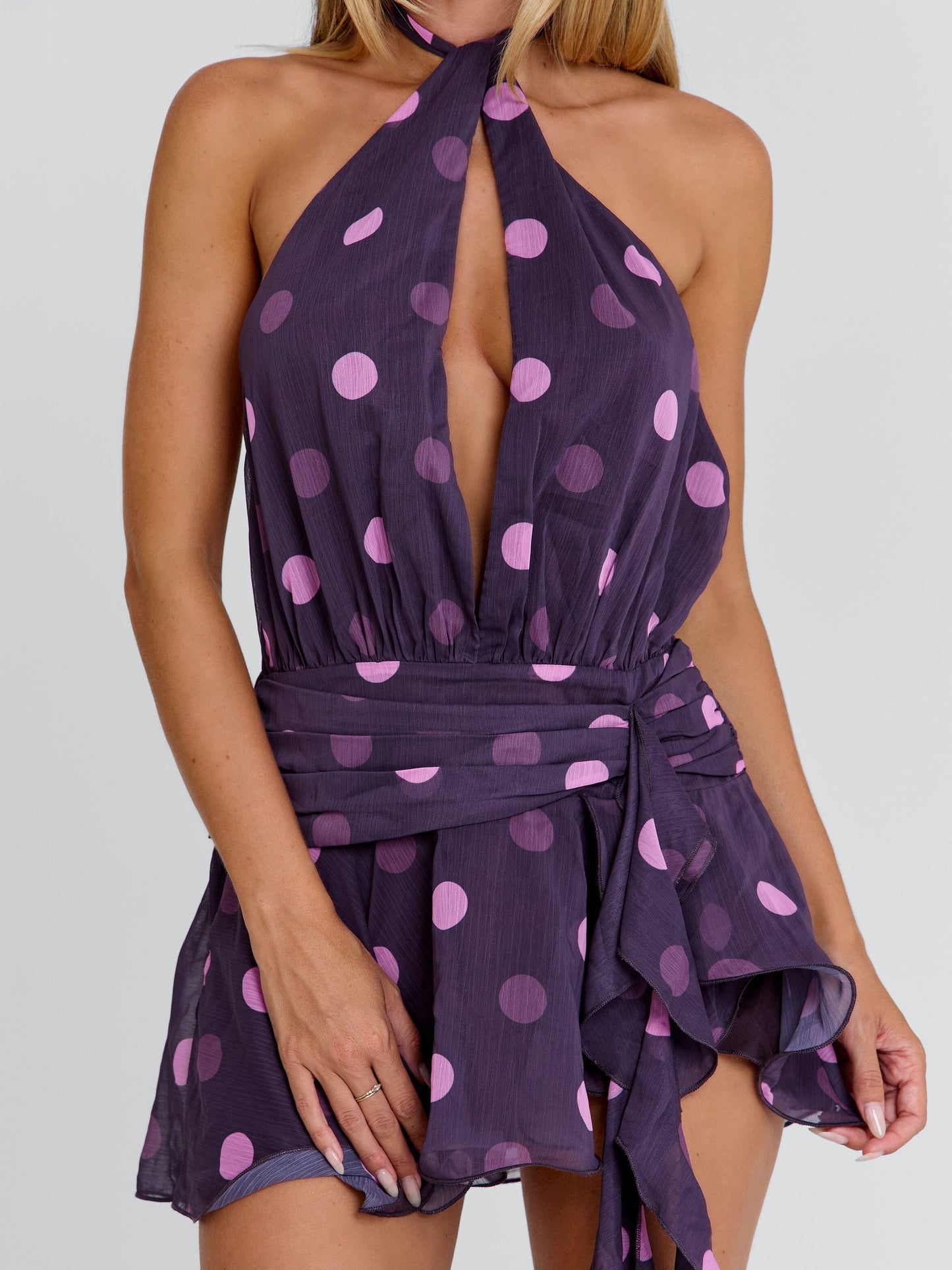 ALASIA MINI DRESS DEEP MAUVE POLKA DOT