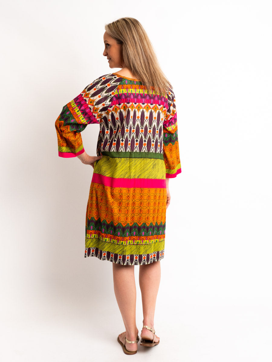 Round Neck Knee-length Dress with 3/4 Raglan Sleeve in Fiesta Print