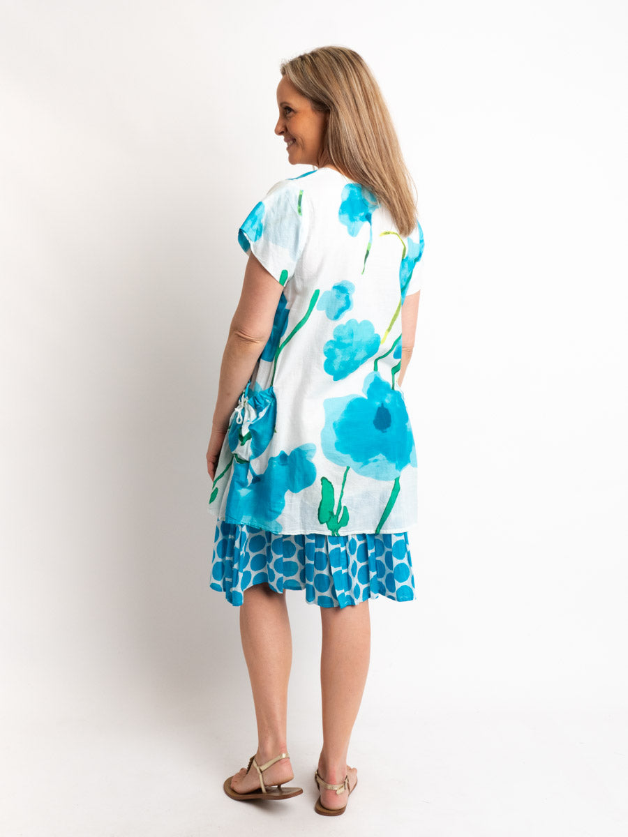 Orpheus Lined Cap Sleeve Dress in Blue Poppy Print