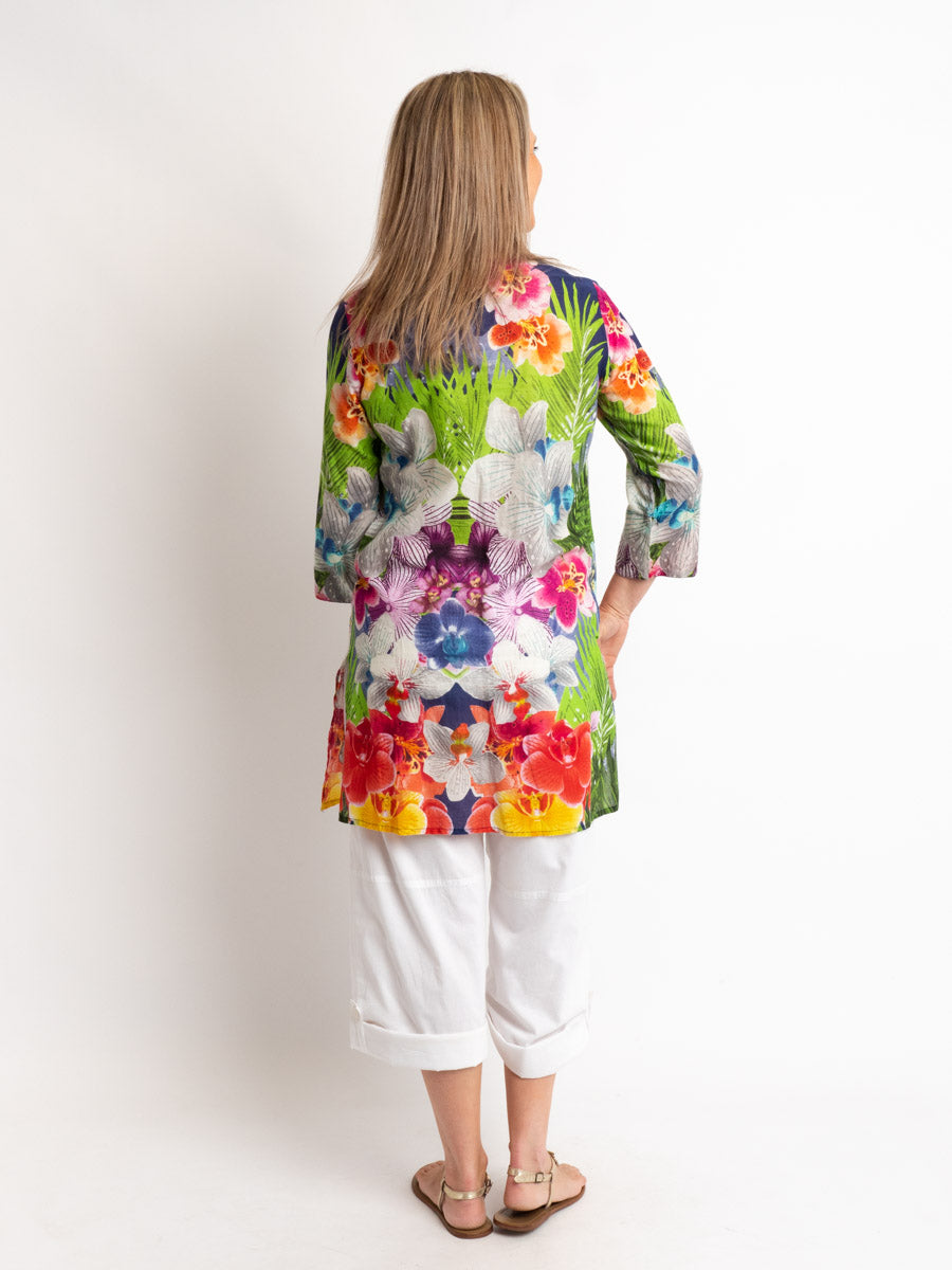 V-neck Long Kurta Style Top in Multi Floral