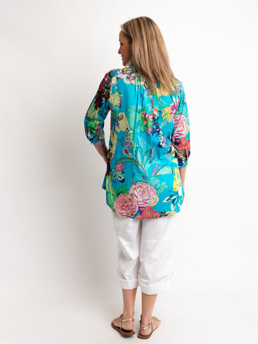 Long Button Through Pleated Shirt in Azure Floral