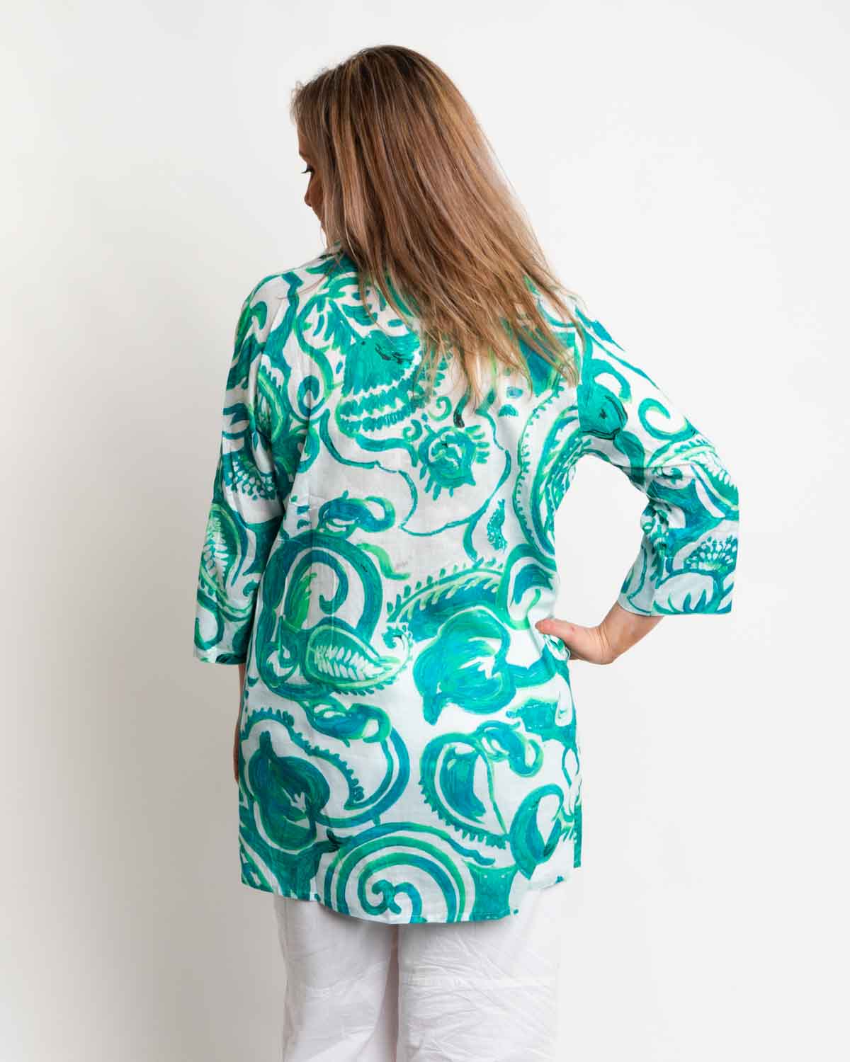Long Collared Pleated Shirt in Green Swirl