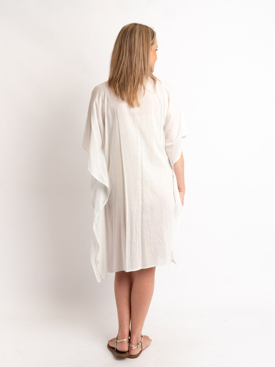 Beaded V-neck Flowing White Kaftan