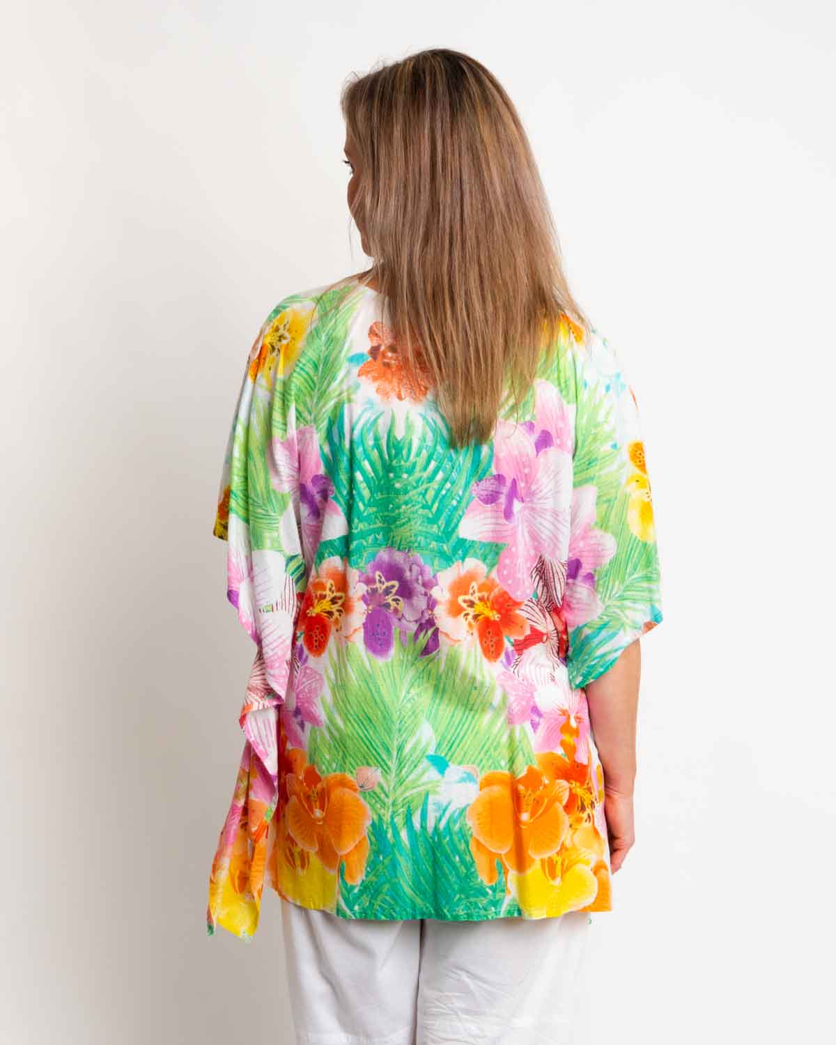 Too Easy Poncho Style V-neck Top in Lime Pink Floral