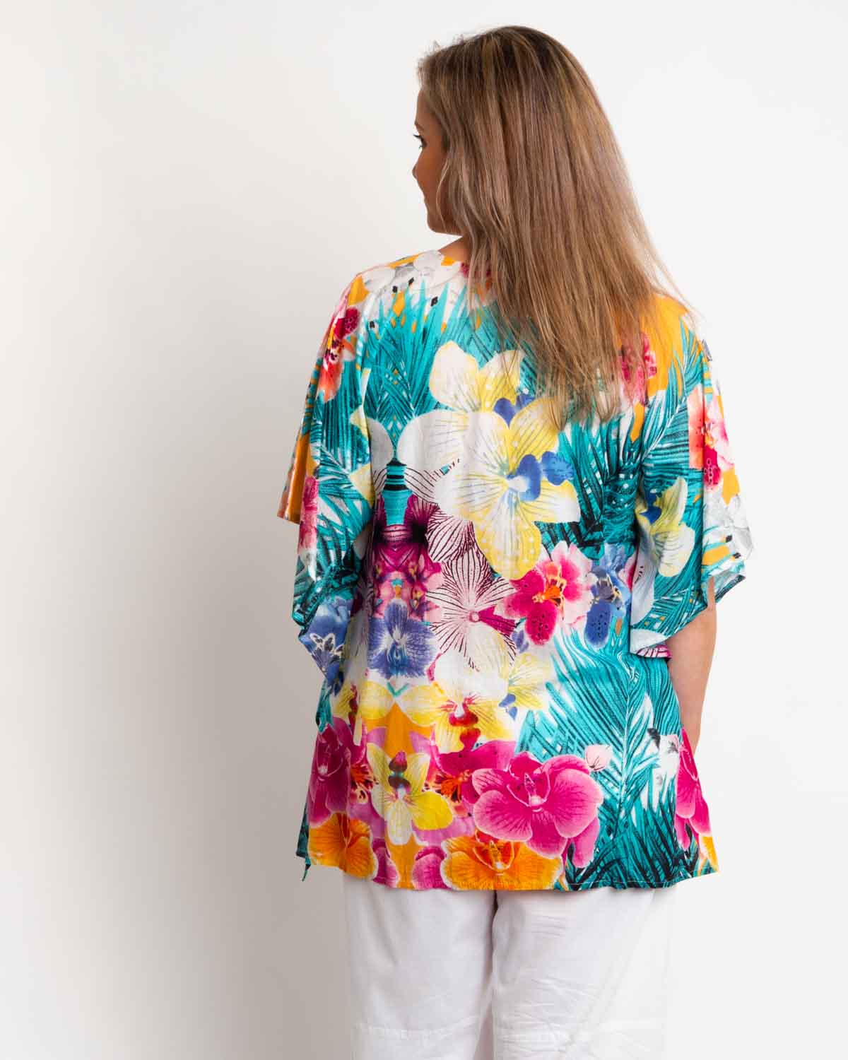 Too Easy Poncho Style V-neck Top in Multi Colour Floral on Peach