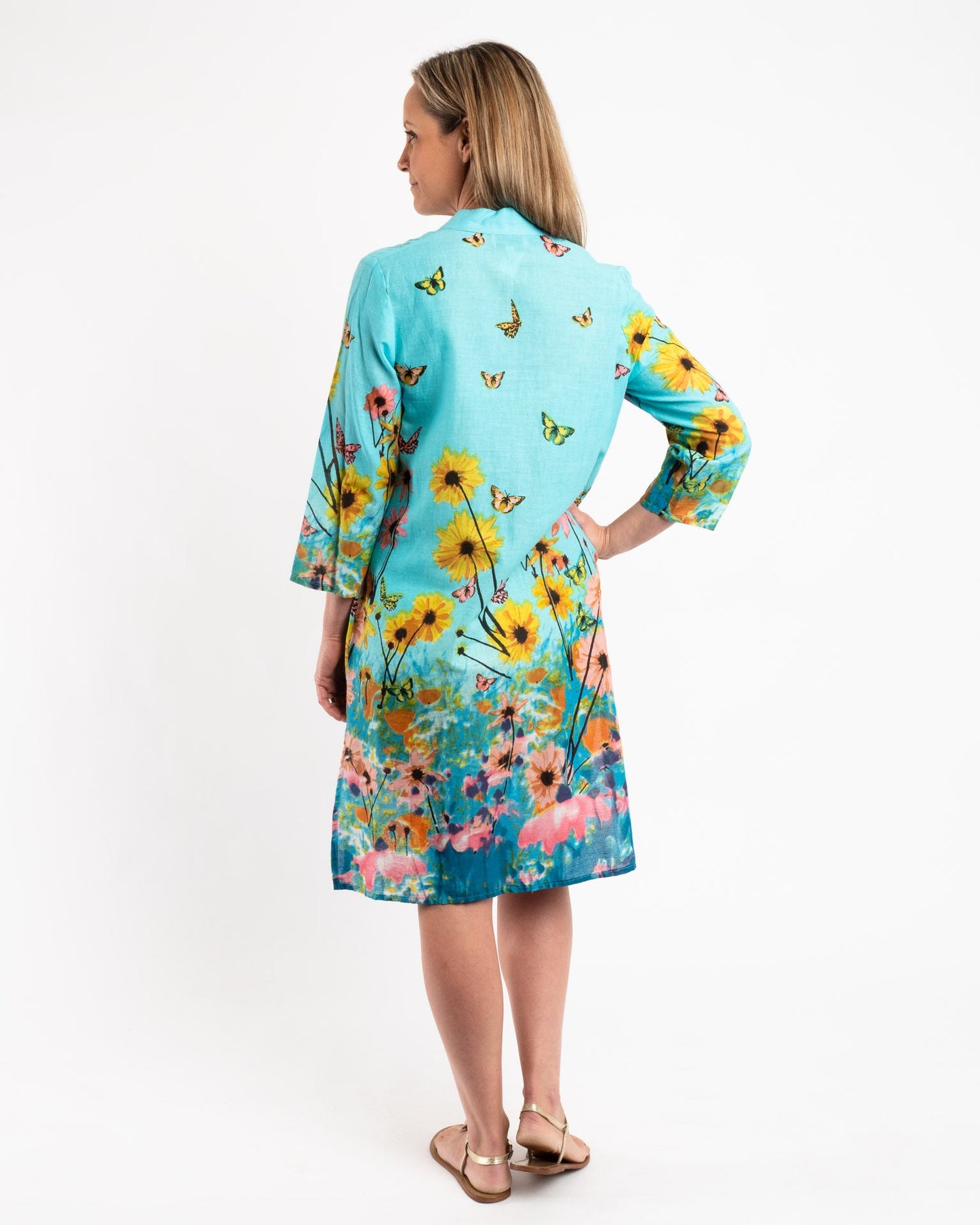 Pleated Summer Dress in Blue Butterfly