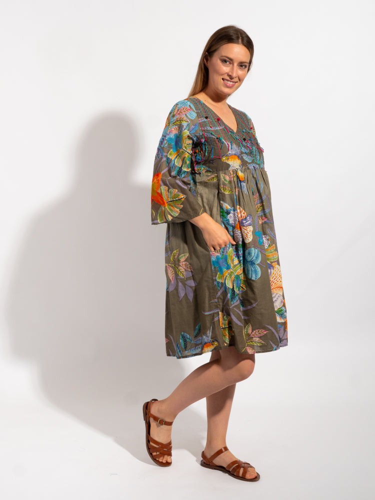 Billinudgel Dress in Khaki Birds