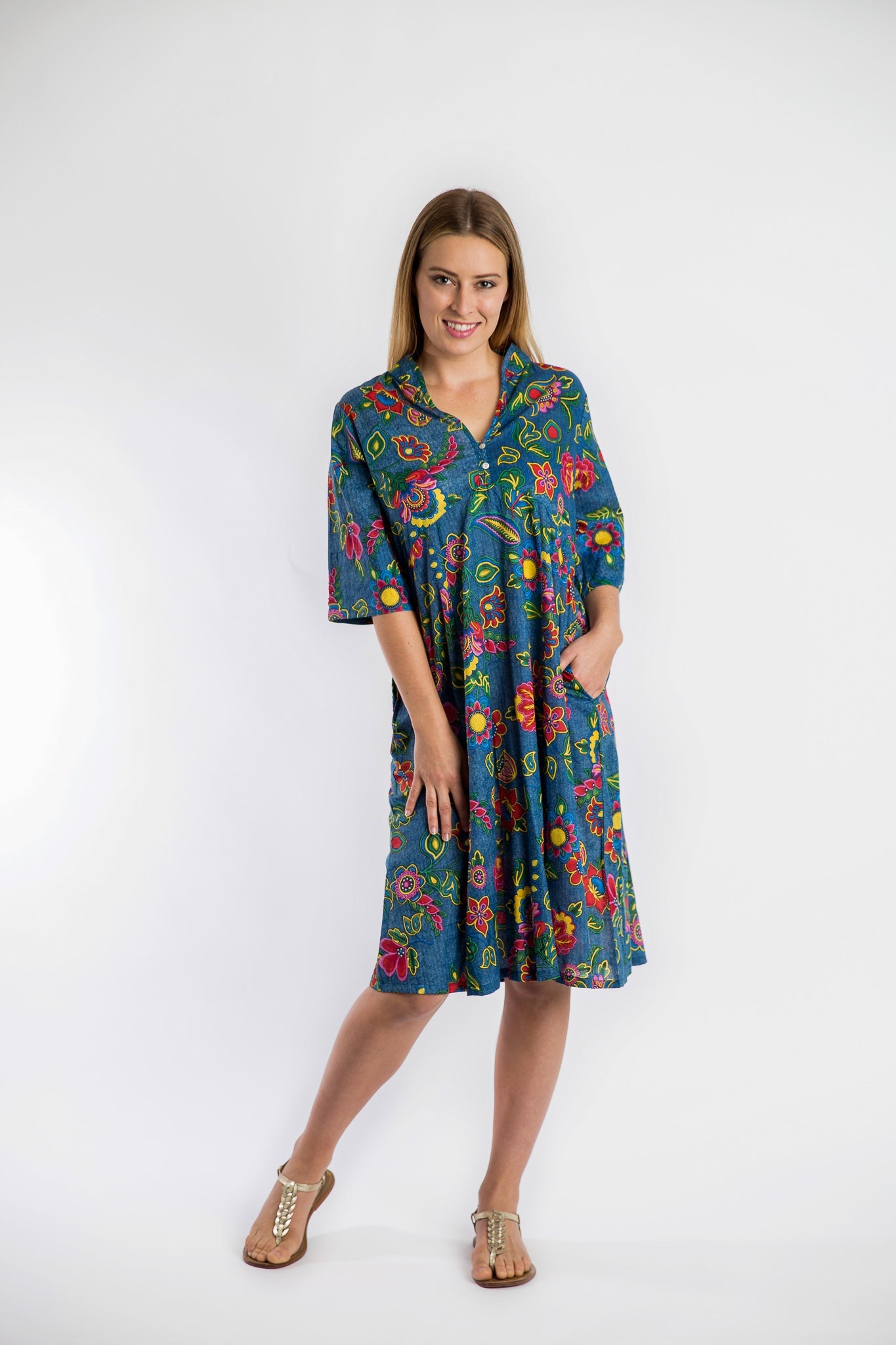 Mareeba Cotton Dress in Denim Floral Print