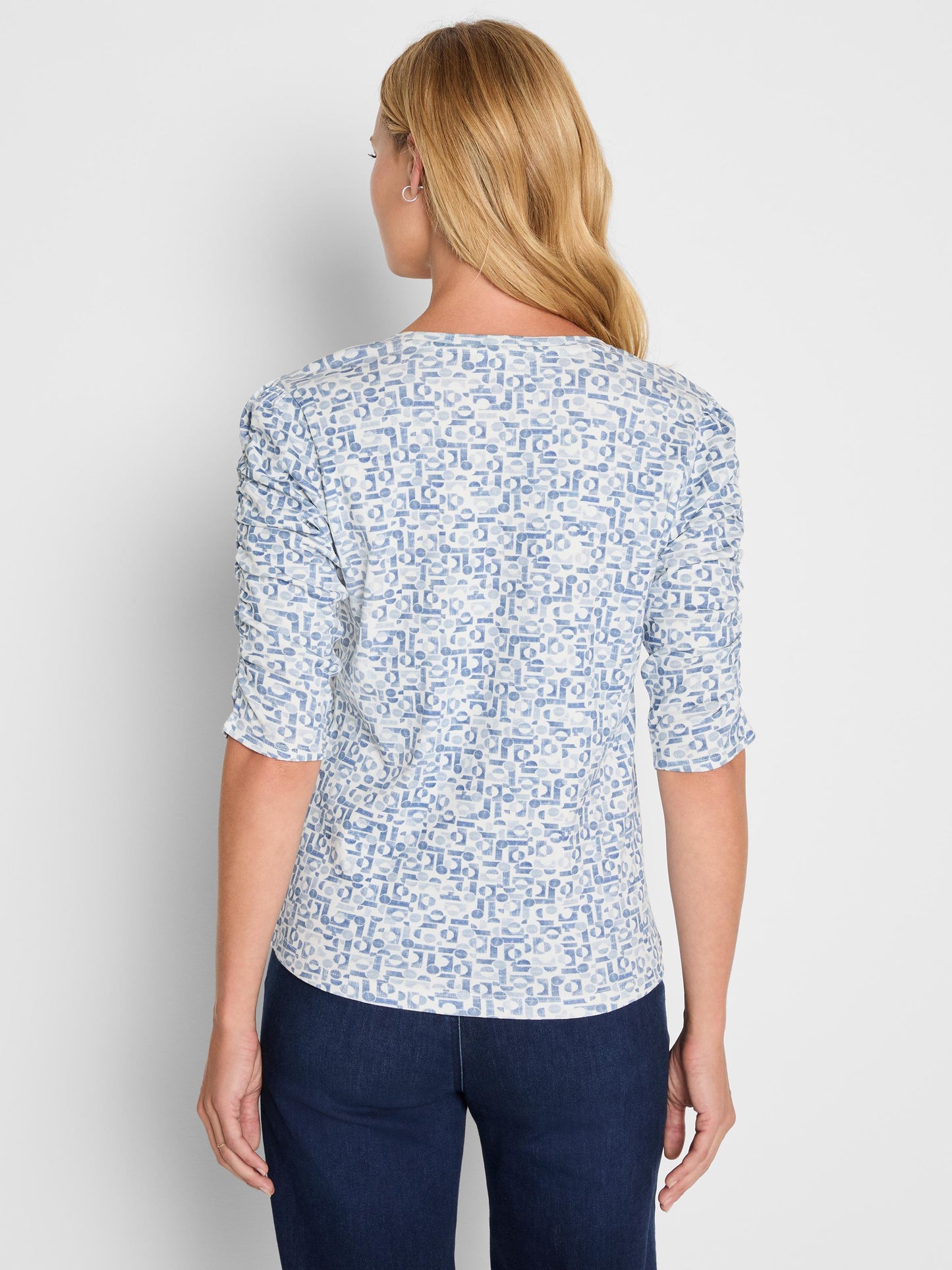 Geo Print Ruched Elbow Sleeve Tee