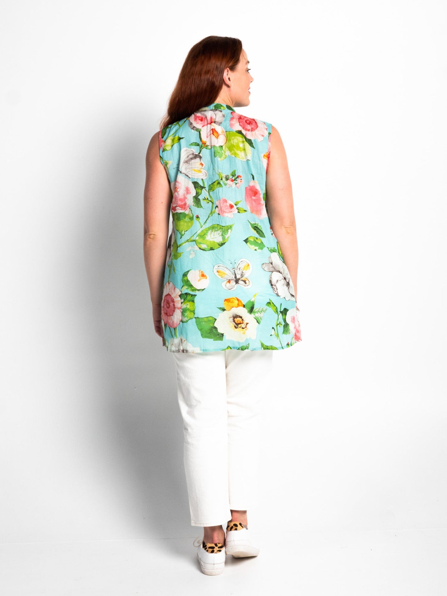 Embroidered Sleeveless Long Top in Turquoise Pretty Print