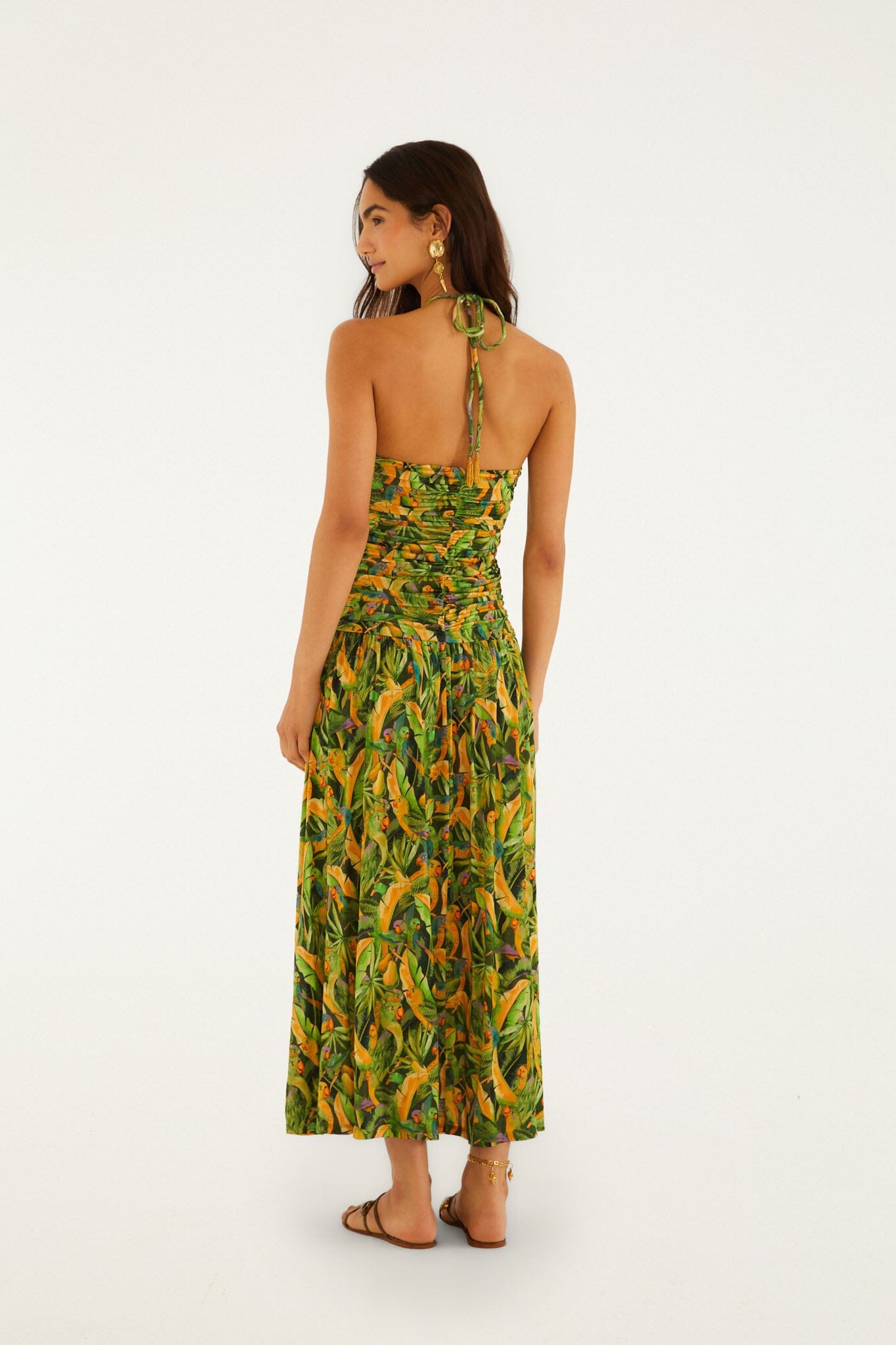 Green Forest Parrots Ruched Bodice Maxi Dress