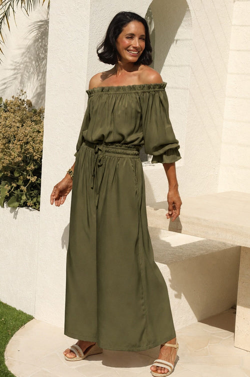 Vittoria Smocked Waist Wide Leg Pants Olive