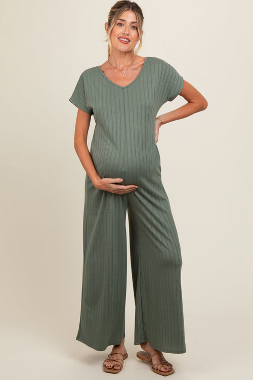 Olive Ribbed Wide Leg Maternity Jumpsuit