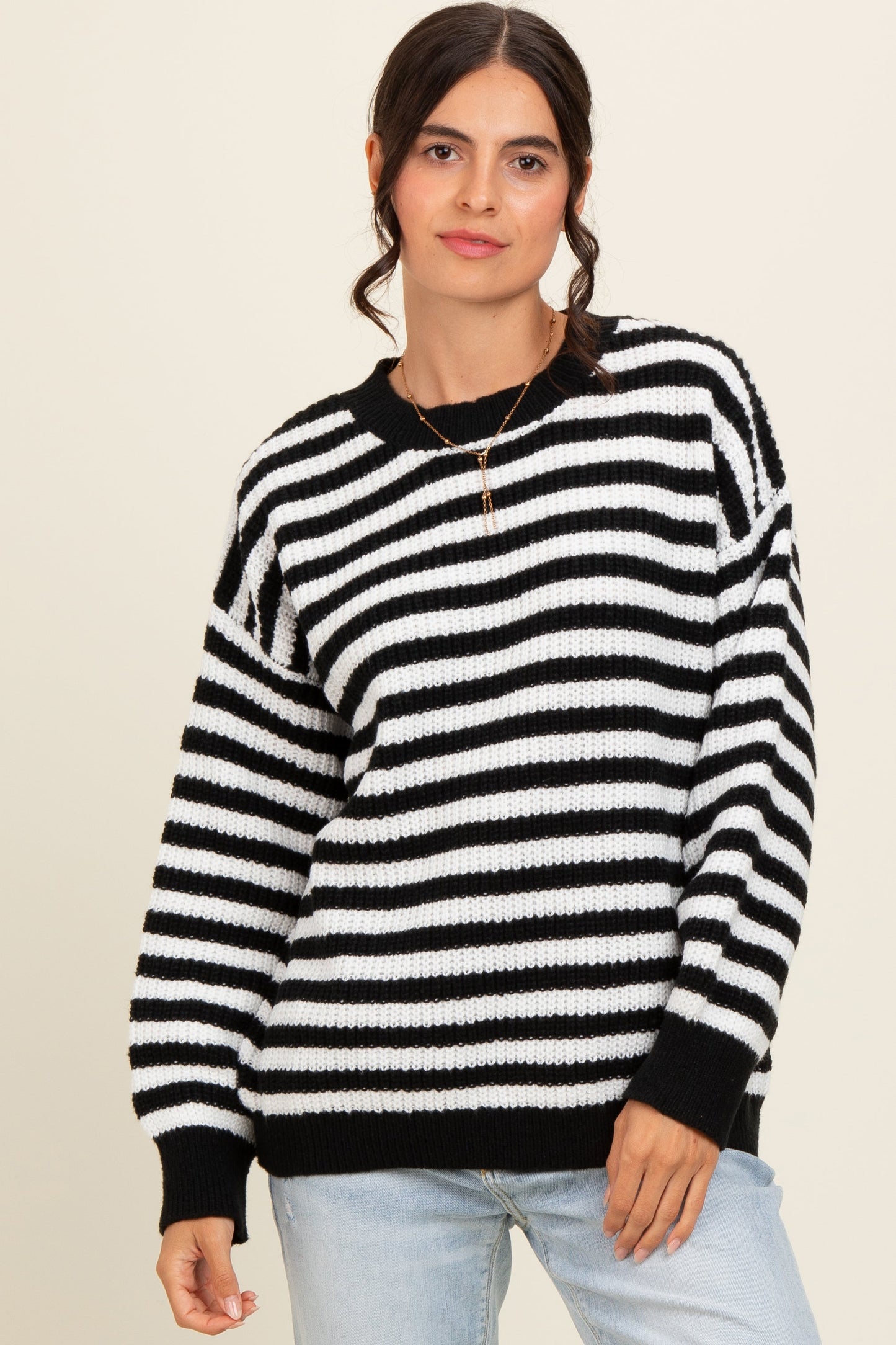 Black Striped Crew Neck Maternity Sweater