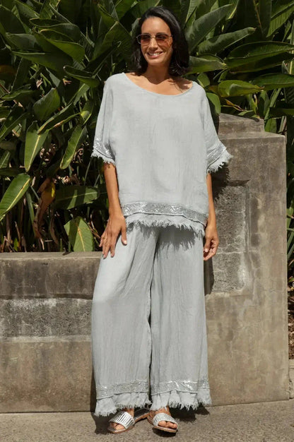 Antonia Wide Leg Linen Sequinned Pants in Light Grey