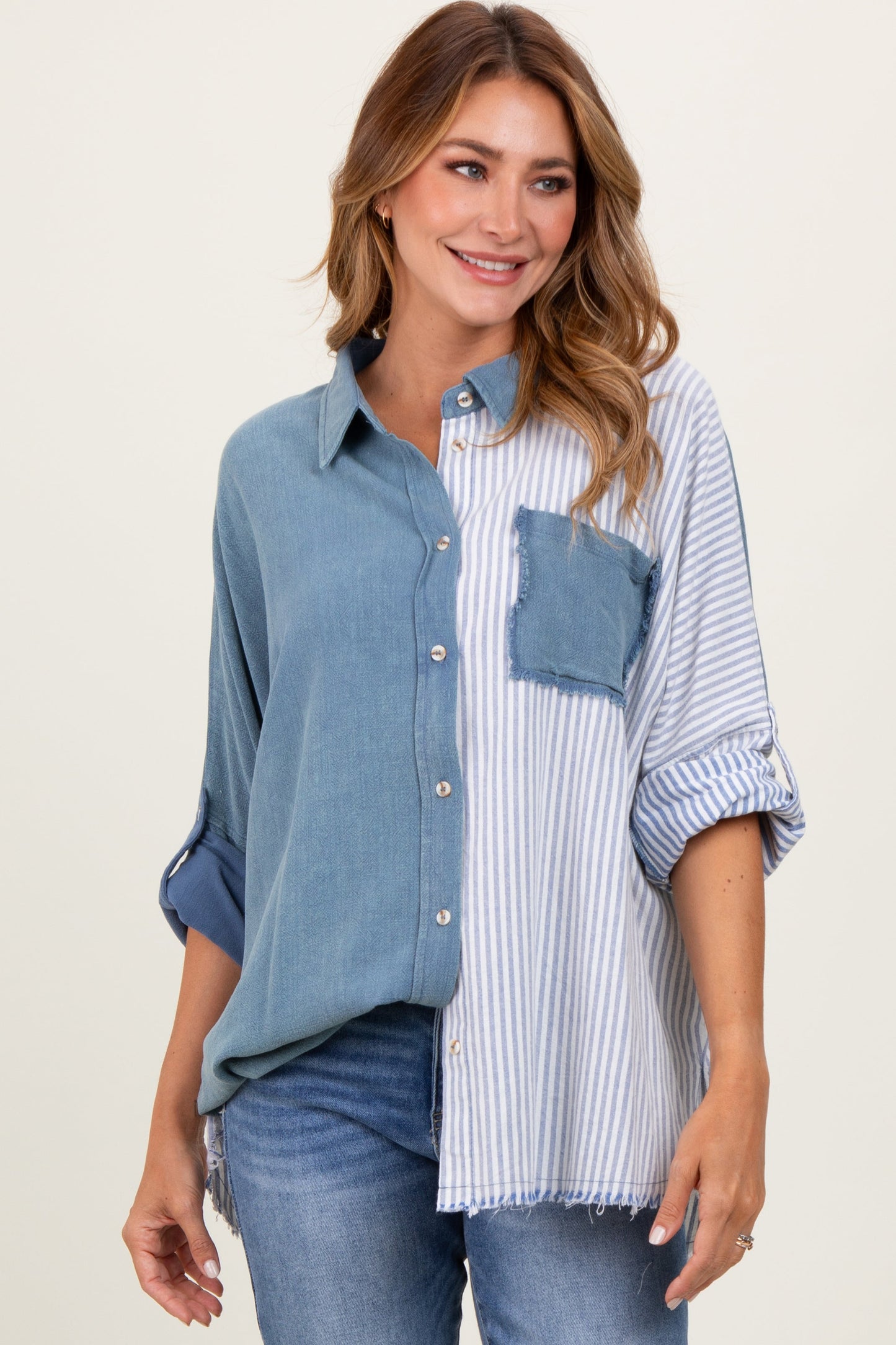 Blue Colorblock Stripe Oversized Maternity Button Down