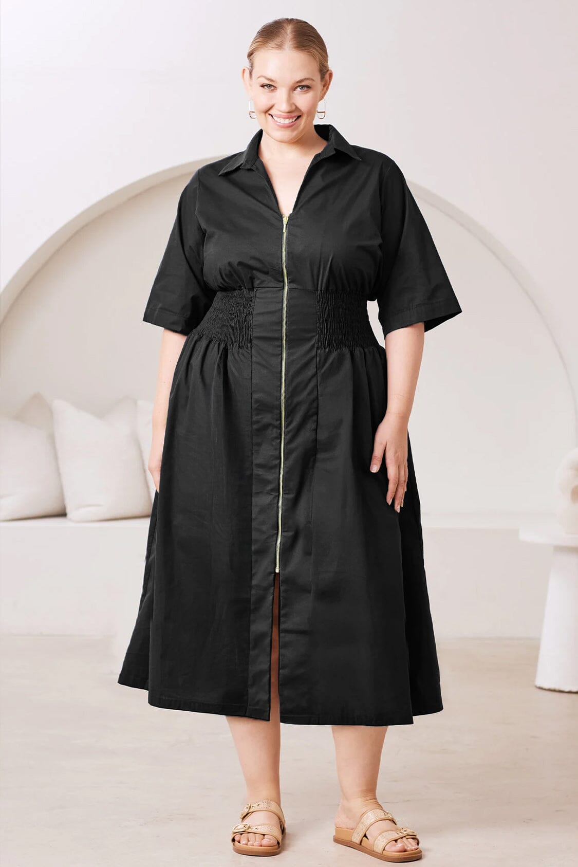 Laura Short Sleeve Smocked Waist Zip Front Midi Dress Black