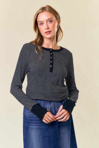Black Striped Snap Button Henley Maternity Top