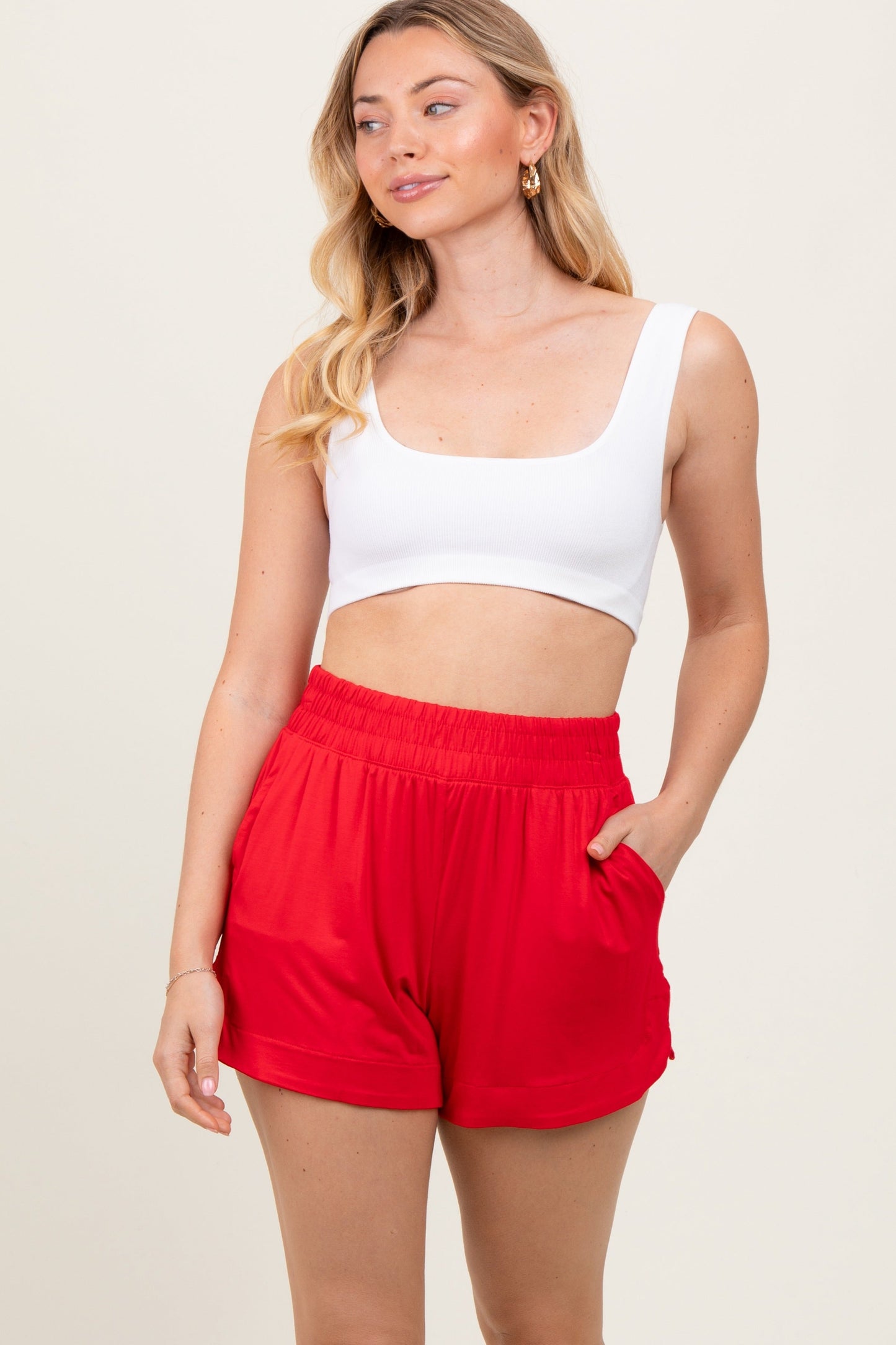Red Basic Rounded Hem Maternity Shorts