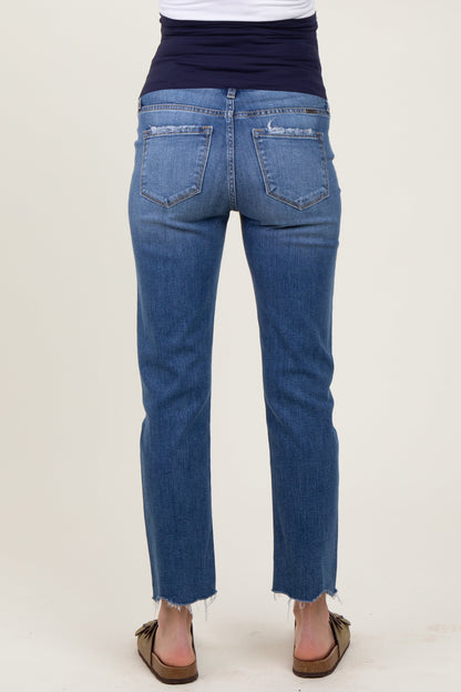 Blue Distressed Raw Hem Slim Straight Maternity Jeans