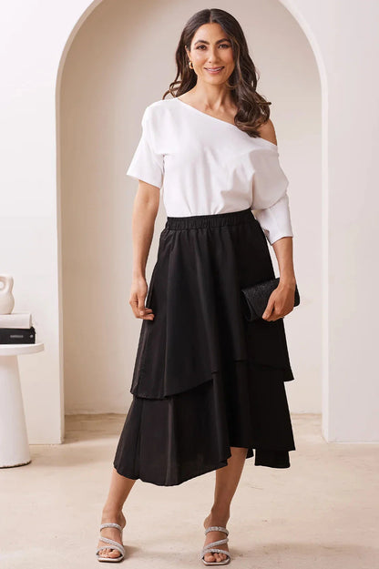 Vivian Flared Tiered Midi Skirt Black