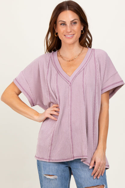 Mauve Striped Ribbed V-Neck Oversized Short Sleeve Maternity Top