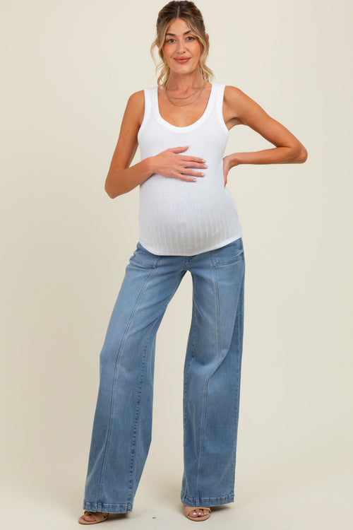 Blue Front Seam Super Wide Leg Maternity Jeans