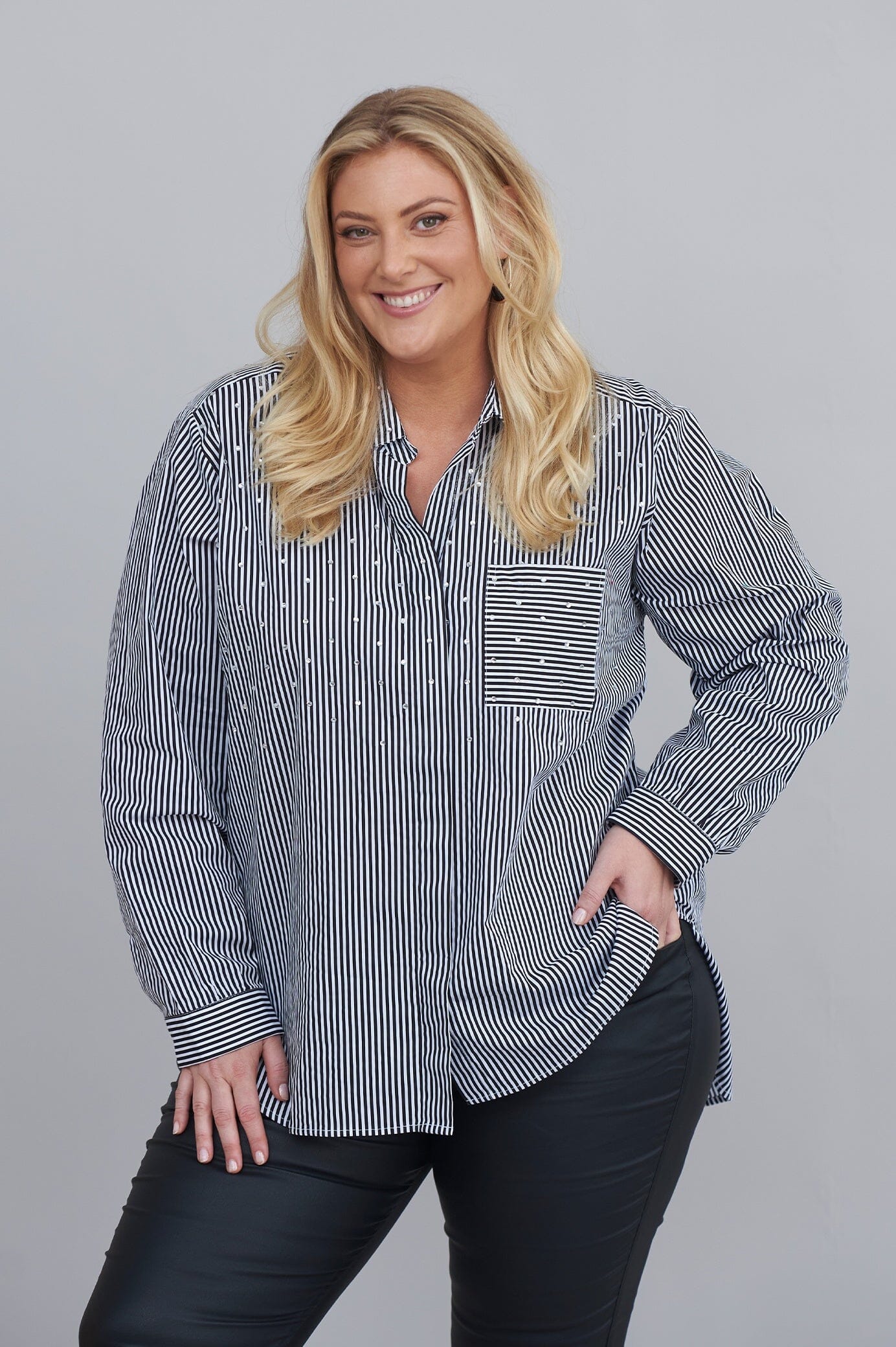 Renata Black and White Striped Collared Shirt