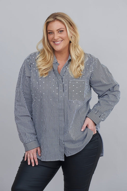 Renata Black and White Striped Collared Shirt