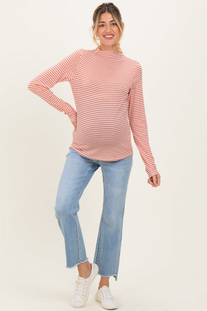 Rust Striped High Neck Maternity Long Sleeve Top