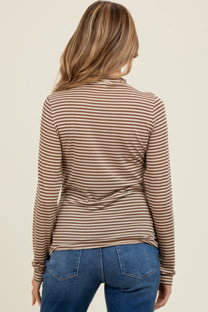 Mocha Striped High Neck Maternity Long Sleeve Top