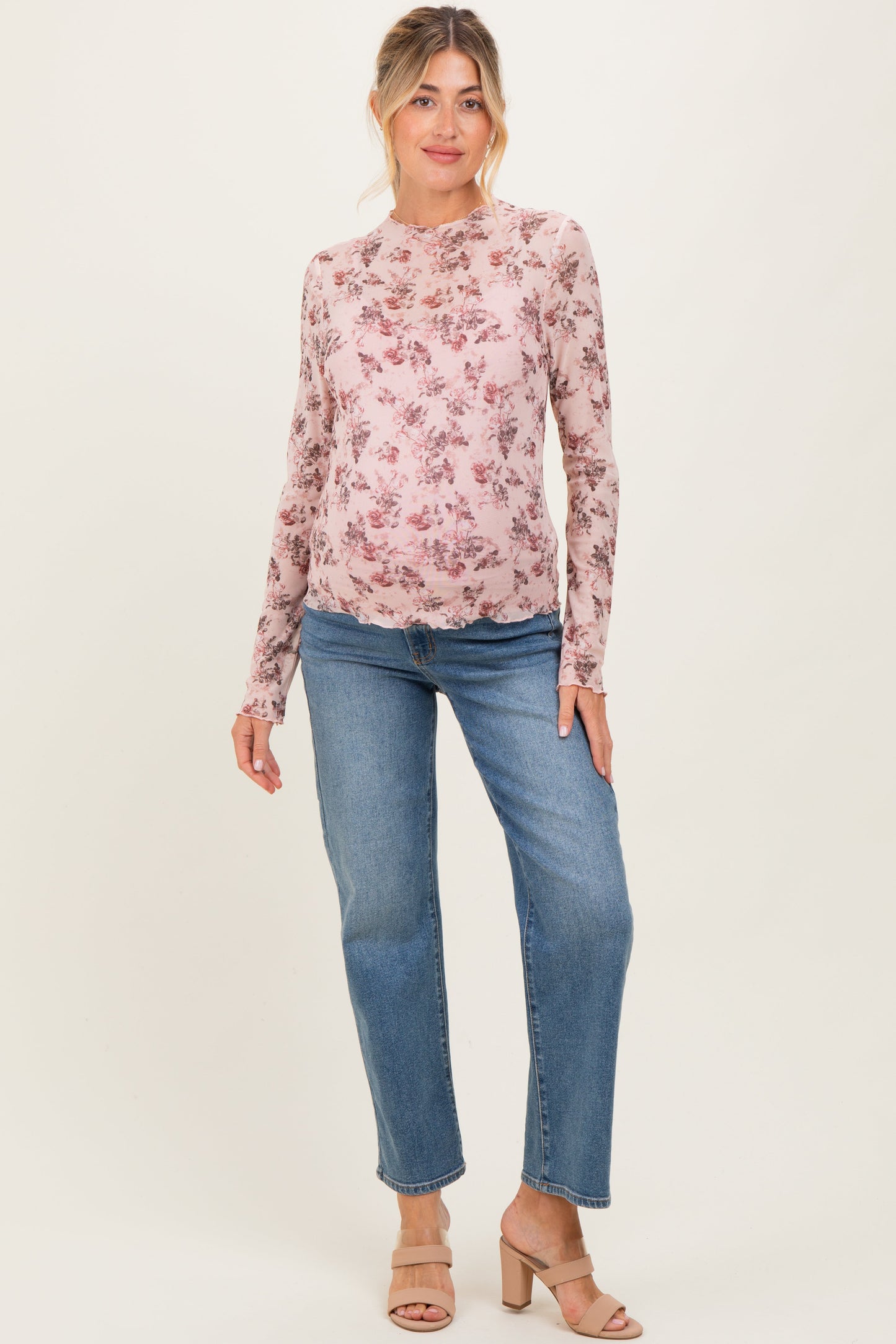 Cream Rose Floral Mesh Maternity Long Sleeve Top