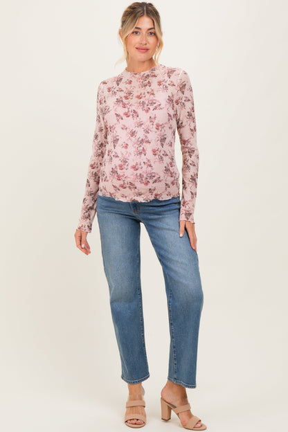 Cream Rose Floral Mesh Maternity Long Sleeve Top