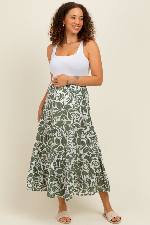 Olive Floral Tiered Maternity Maxi Skirt