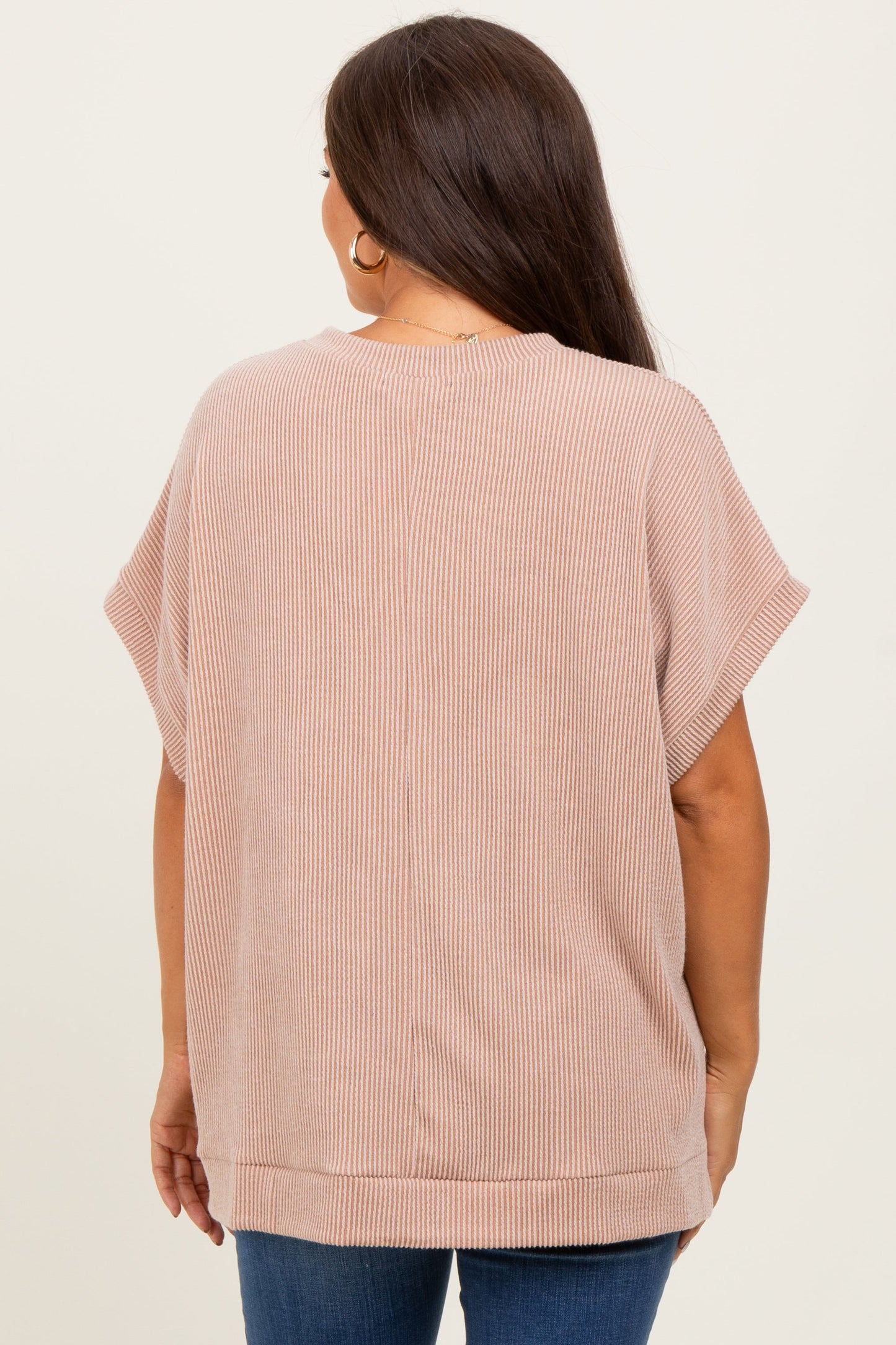 Mocha Solid Ribbed Short Sleeve Oversized Maternity Tunic Top