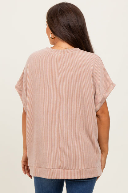 Mocha Solid Ribbed Short Sleeve Oversized Maternity Tunic Top