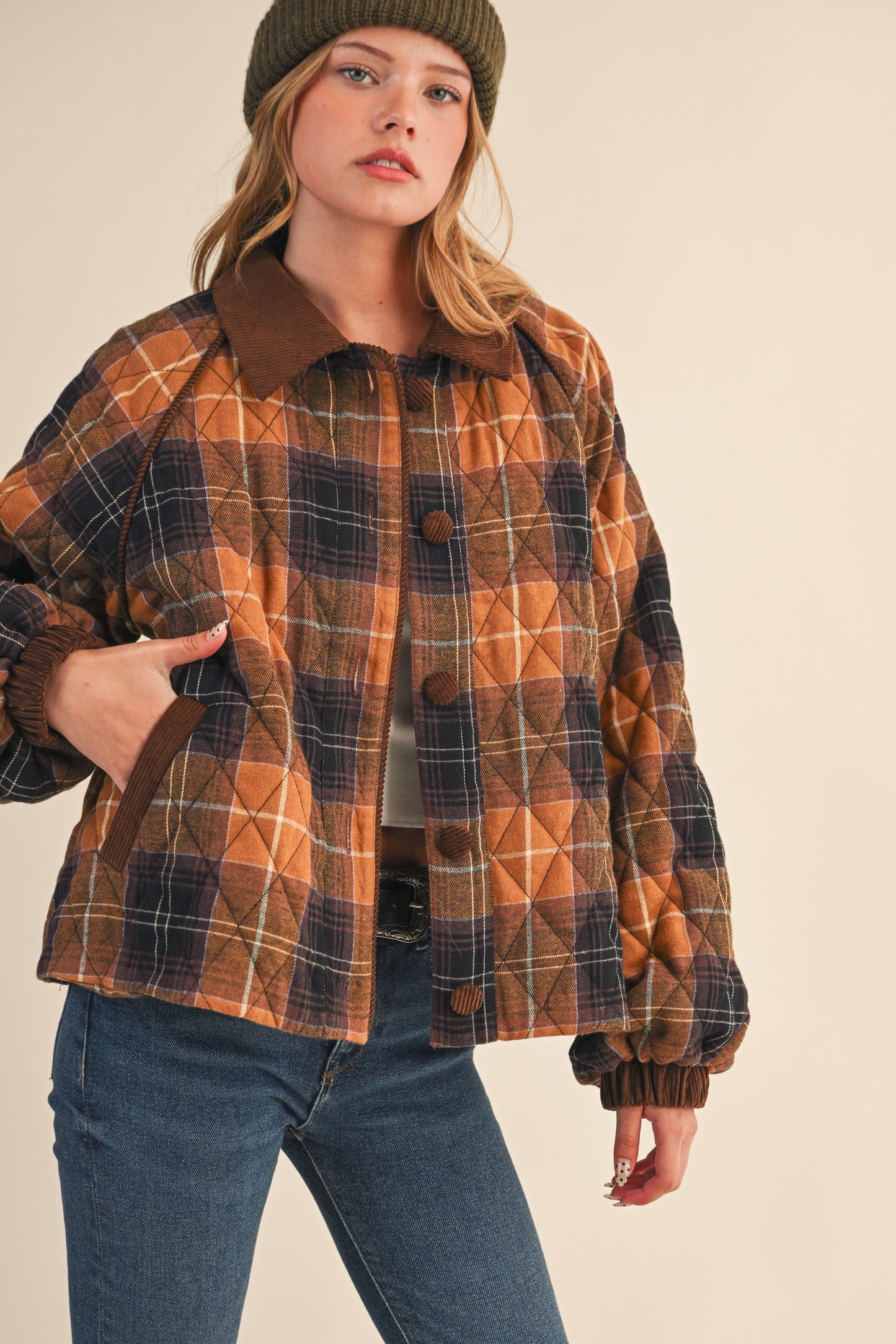Brown Plaid Quilted Corduroy Contrast Maternity Jacket