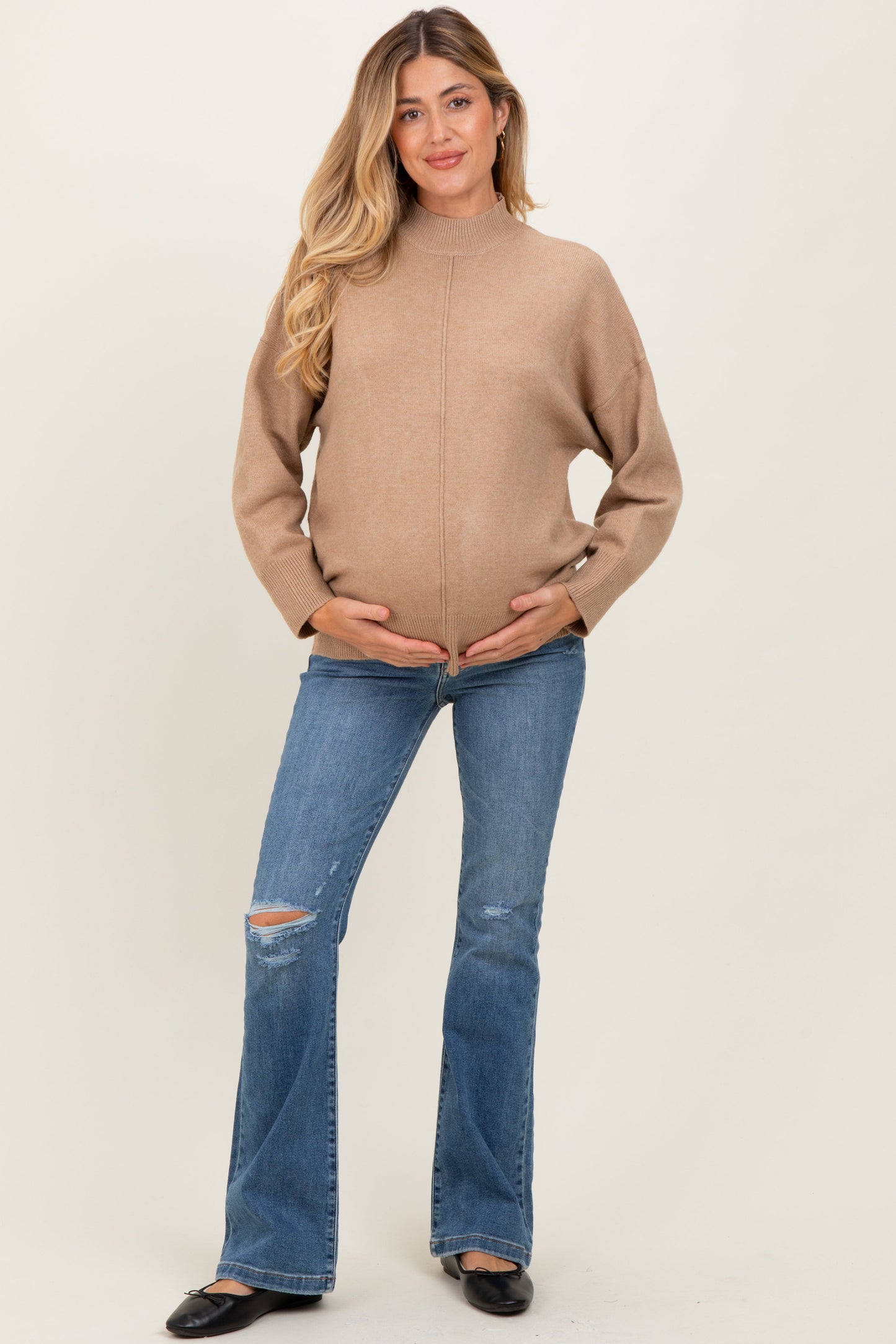 Camel Front Seam Mock Neck Maternity Sweater