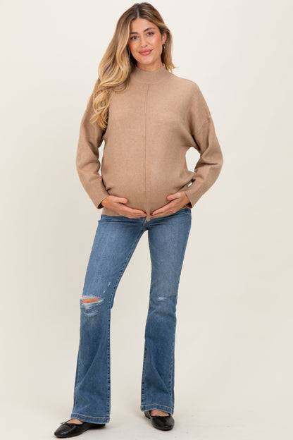 Camel Front Seam Mock Neck Maternity Sweater