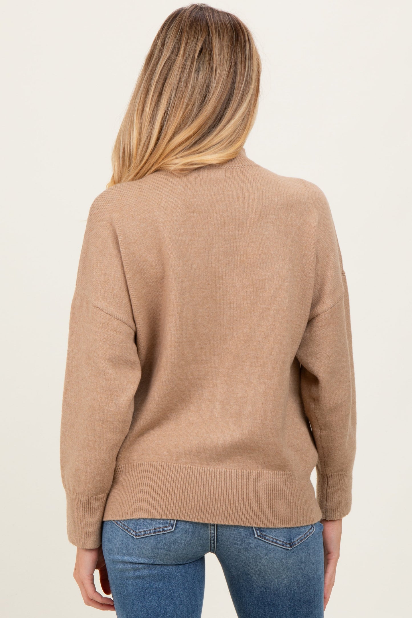 Camel Front Seam Mock Neck Maternity Sweater