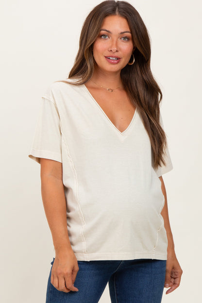 Cream Raw Edge V-Neck Short Sleeve Maternity T-Shirt